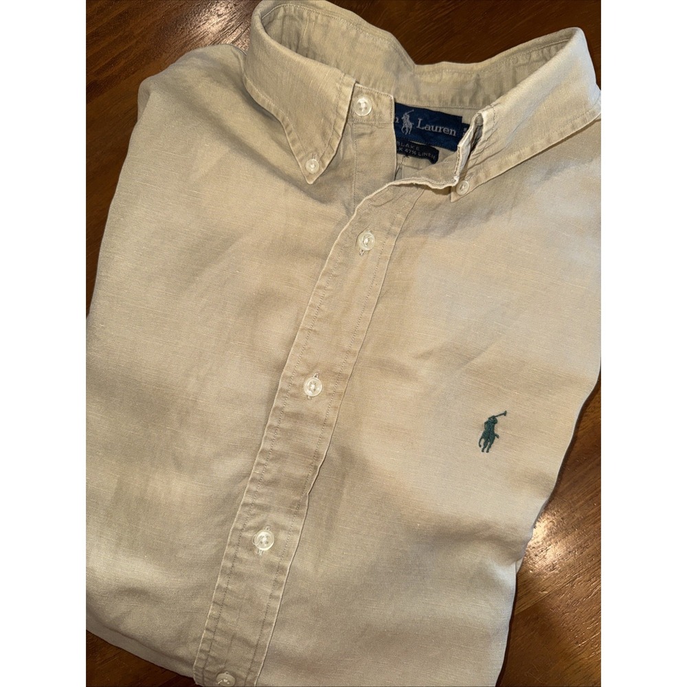 Ralph Lauren Blake Men's Button Down Silk And Linen XXL Tan With Green Horse